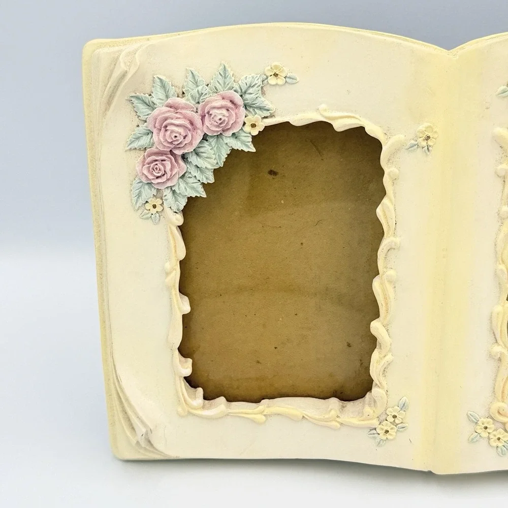VTG Floral Double 3x4 Photo Frame Book Shaped Roses Shabby Chic Cottagecore
